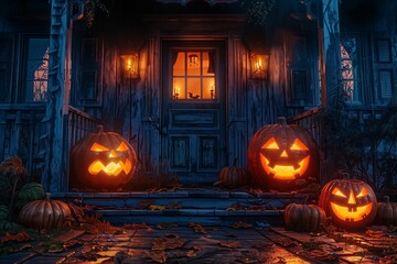 Spooky Halloween Porch Decorated With Glowing Jack-o'-Lanterns Against a Night Sky