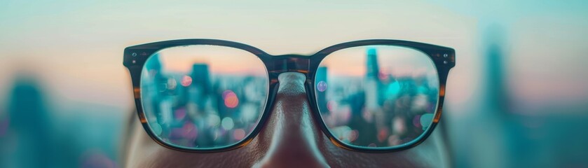 Close-up of glasses focusing on a vibrant city skyline with blurred background. Perfect for visual storytelling and perspective themes.