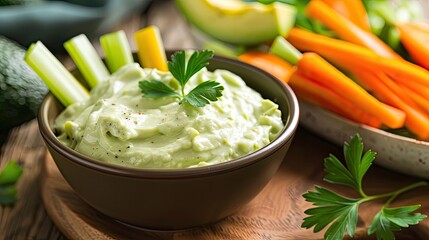 A bowl of creamy avocado dip with a side of fresh vegetable sticks for dipping.