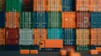 Fototapeta premium Orange shipping container truck parked in front of stacked colorful cargo containers in a storage yard, representing logistics and transportation.