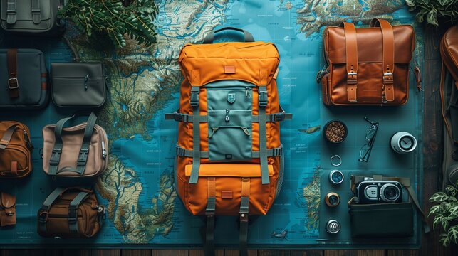 An orange backpack sits open on a world map, revealing neatly packed travel essentials, with various other bags and accessories surrounding it.