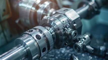 Fototapeta premium Close-Up of CNC Lathe Machine Crafting Metal Shafts