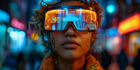 Obraz premium Woman wearing futuristic augmented reality glasses in a vibrant cityscape with neon lights