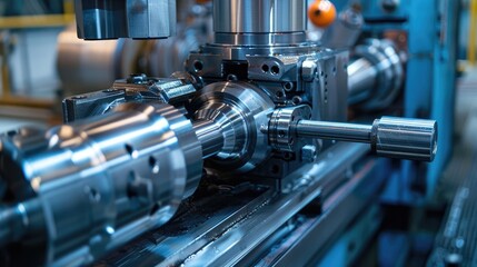 Fototapeta premium Close-Up of CNC Lathe Machine Crafting Metal Shafts