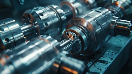 Fototapeta premium Close-Up of CNC Lathe Machine Crafting Metal Shafts