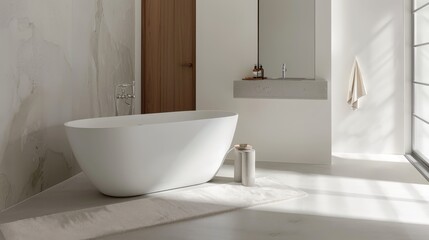 a minimalistic modern bathroom with an oval freestanding bathtub