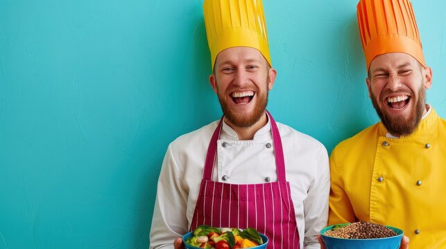 Two chefs, donning colorful hats, stand together holding a bowl of dishes, exuding cheerfulness and culinary creativity against a blue background.