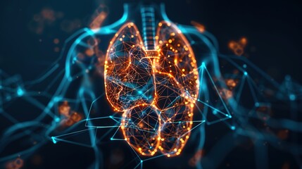 Medical hologram of human organs, glowing lines and wireframes, dark blue background, neon lights, advanced technology, Sci-fi, Digital art 