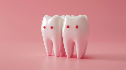 3D rendering of two white teeth with pink background, symbolizing dental health and hygiene.