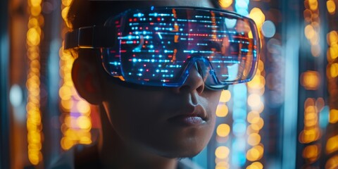Person wearing augmented reality glasses with digital interface overlay