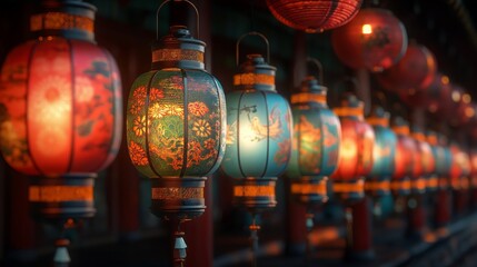 Traditional Japanese lanterns beautifully lit, lined up during an Obon festival night, creating a warm and festive atmosphere.