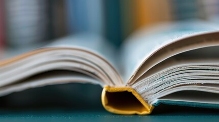 Naklejka premium A detailed close-up of an open book with a yellow spine, focusing on the pages and the texture of the book, representing study, reading, and gaining knowledge.