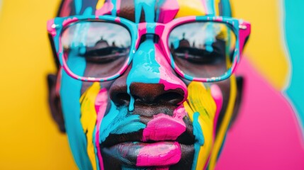 A vivid abstract background featuring bold splashes of bright colors with a subtle detail of eyeglasses, combining modern art elements with a touch of realism and uniqueness.