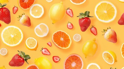 A fun orange background with a pattern of playful fruits like oranges, lemons, and strawberries, adding a fresh and lively vibe.