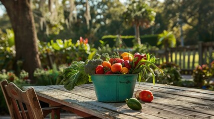 A grass green bucket filled with fresh garden vegetables sits on a wooden table in a rustic outdoor setting. The vibrant colors of the produce pop against the natural backdrop.