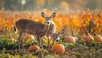 Photo of a family of deer grazing near a Thanksgiving pumpkin patch.