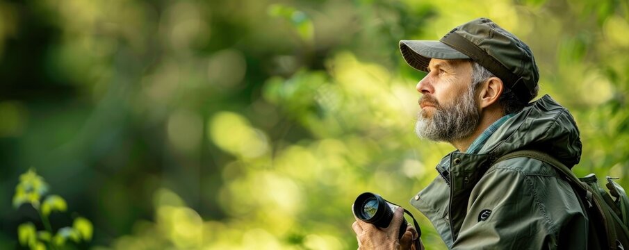 An experienced birdwatcher wearing a green jacket and hat is intently studying a detailed nature guidebook while surrounded by the lush green foliage of a deep forest  He is holding binoculars