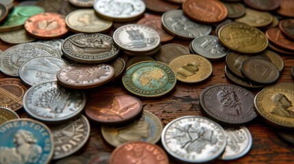 A colorful array of coins from different nations scattered on a wooden background, showcasing unique designs and history