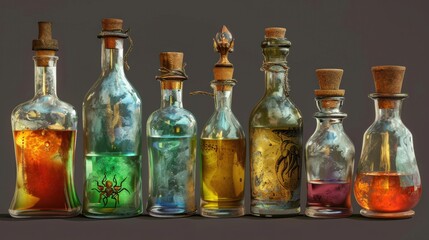 A variety of antique bottles in different shapes and colors featuring cork stoppers, showcased on a neutral backdrop