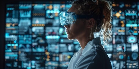 Scientist using augmented reality glasses in futuristic lab with data screens