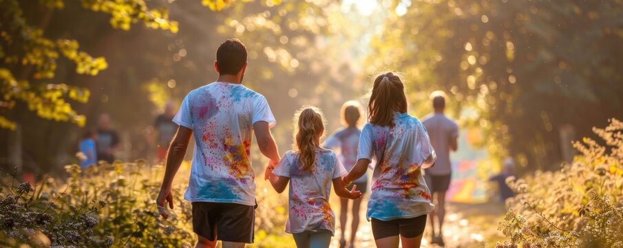 Image of a family participating in a charity run or event wearing matching colorful shirts walking or jogging on a path in a lush natural outdoor setting with trees sunlight