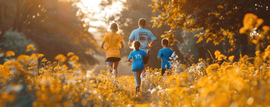 A family participating in a charity run together with matching shirts running through a beautiful autumnal landscape bathed in the warm glow of the golden hour sunset