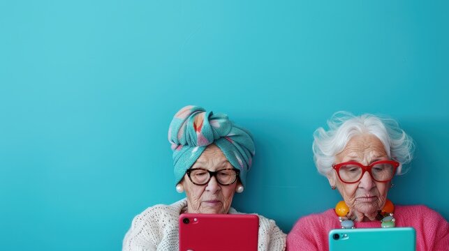 Two elderly women, one with a turban and the other with white hair, both wearing colorful glasses, using tablets against a bright turquoise background.