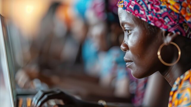 A woman dressed in lively, colorful clothing is deeply focused on her laptop, typifying industriousness and modern connectivity in a culturally rich atmosphere.