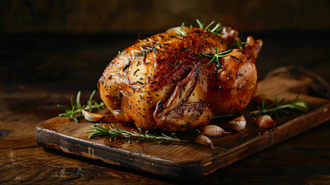 Whole roasted chicken is lying on a cutting board and seasoned with rosemary and garlic