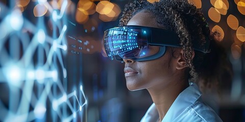 Scientist wearing augmented reality glasses analyzing data with holographic interface