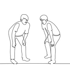 men a little tired or looking at something below eye level - one line art vector. concept male friends, watching, tired workers