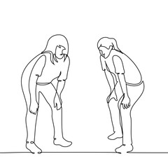 women little tired or looking at something below eye level - one line art vector. concept female friends, watching, tired workers