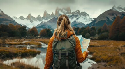 Naklejka premium Woman with Backpack Standing in Scenic Mountain Landscape Studying a Map and Planning Her Hiking Route for an Outdoor Adventure