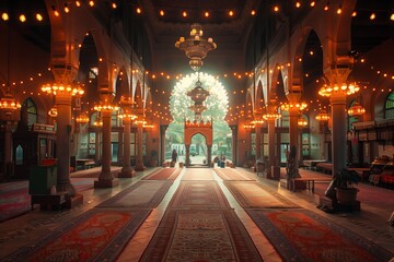 Fototapeta premium Beautifully Lit Interior of a Historic Mosque With Colorful Carpets in Evening Light