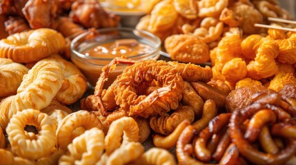 Crispy, golden fried food assortment in a detailed close-up, capturing the enticing texture and savory appeal.