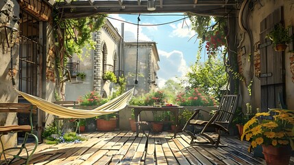 Hammock hangs on wooden terrace with table flower pots and chairs old weathered buildings in the background