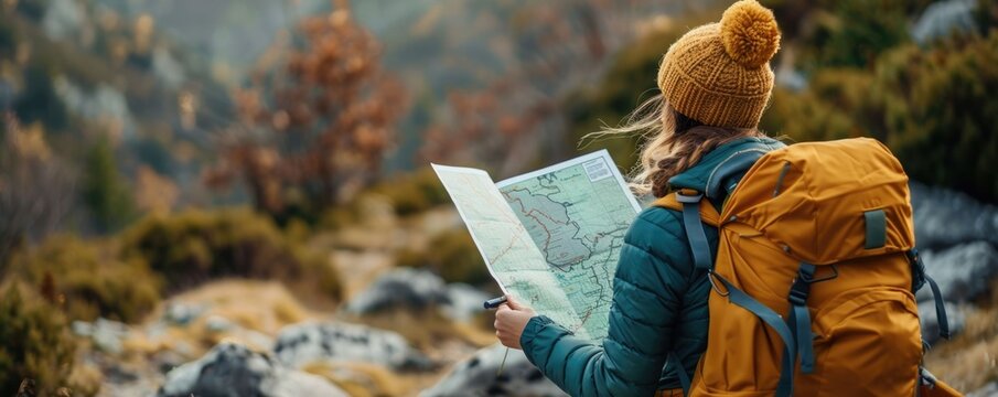 Woman planning a hiking route using a map in a scenic outdoor landscape with mountains forests and winter weather conditions  She is wearing a backpack and warm clothing