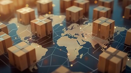 Fototapeta premium Product delivery that uses technology to help Increase speed and reduce costs to be more efficient, box package on world map