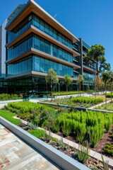 Obraz premium A building with a lot of plants growing on it. The building is tall and has many windows. The building looks very modern and unique