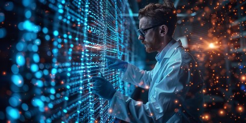Scientist analyzing digital data on a high-tech interface with glowing lights