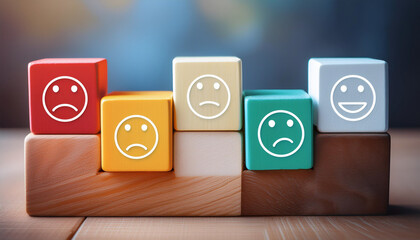 concepto del día mundial de la salud mental o calificación de retroalimentación y revisión positiva del cliente, apilamiento de cubos de madera con icono de cara de emoción