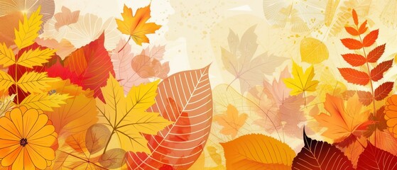 Obraz premium A painting of a field of autumn leaves with a woman in the foreground. The painting is full of bright colors and has a cheerful, warm mood