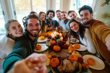 A cheerful group of friends take a selfie while celebrating Thanksgiving