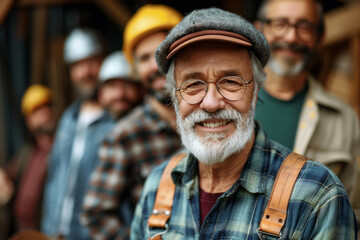 Fototapeta premium A foreman smiles warmly in a yellow hard hat and safety goggles in the foreground of a logging operation, with his colleagues blurred in the background.