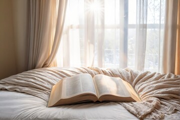 Open Book on a Bed with Soft Morning Light with Copy Space.