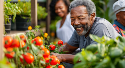 A man with a gray beard happily tends to tomato plants in a community garden He is surrounded by lush greenery and ripe tomatoes,community and shared activity