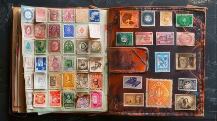 A colorful assortment of stamps from various countries fills the pages of an aged album, illustrating the beauty of global postal history and cultural exchange