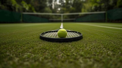 Tennis racket and ball lie on the tennis court