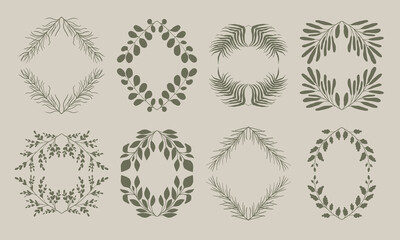 Floral frames collection with silhouettes of branches and leaves.  Vector flower wreaths set