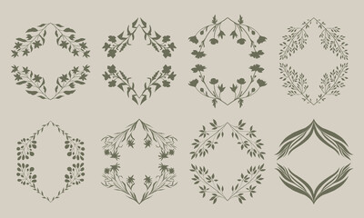 Floral frames collection with silhouettes of branches and leaves.  Vector flower wreaths set